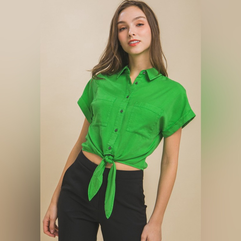 🌿nwot button Down Front Tie Tencell Top in Green